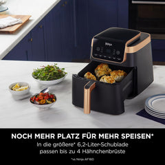 Ninja Heißluftfritteuse MAX PRO, 6,2 L, ölfrei, große Schublade, Rösten, Backen, Air Fry, Antihaftbeschichtet, Spülmaschinenfester Korb & Crisper Gittereinsatz, Silikonzange, Schwarz/Kupfer, AF180EUCP