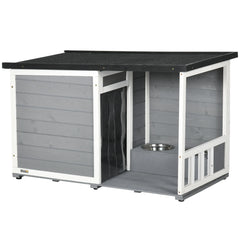 PawHut Hundehütte mit überdachter Veranda und Futternäpfen Outdoor