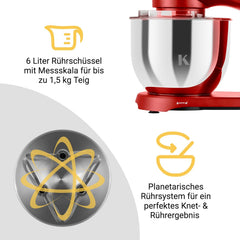 KLAMER Küchenmaschine 1800W, Knetmaschine Brotteig mit Edelstahl-Rührschüssel 6 L, 10 Stufen mit Timer, Planetenrührwerk, Rührbesen, Knethaken, Schneebesen & Sichtdeckel (schwarz)