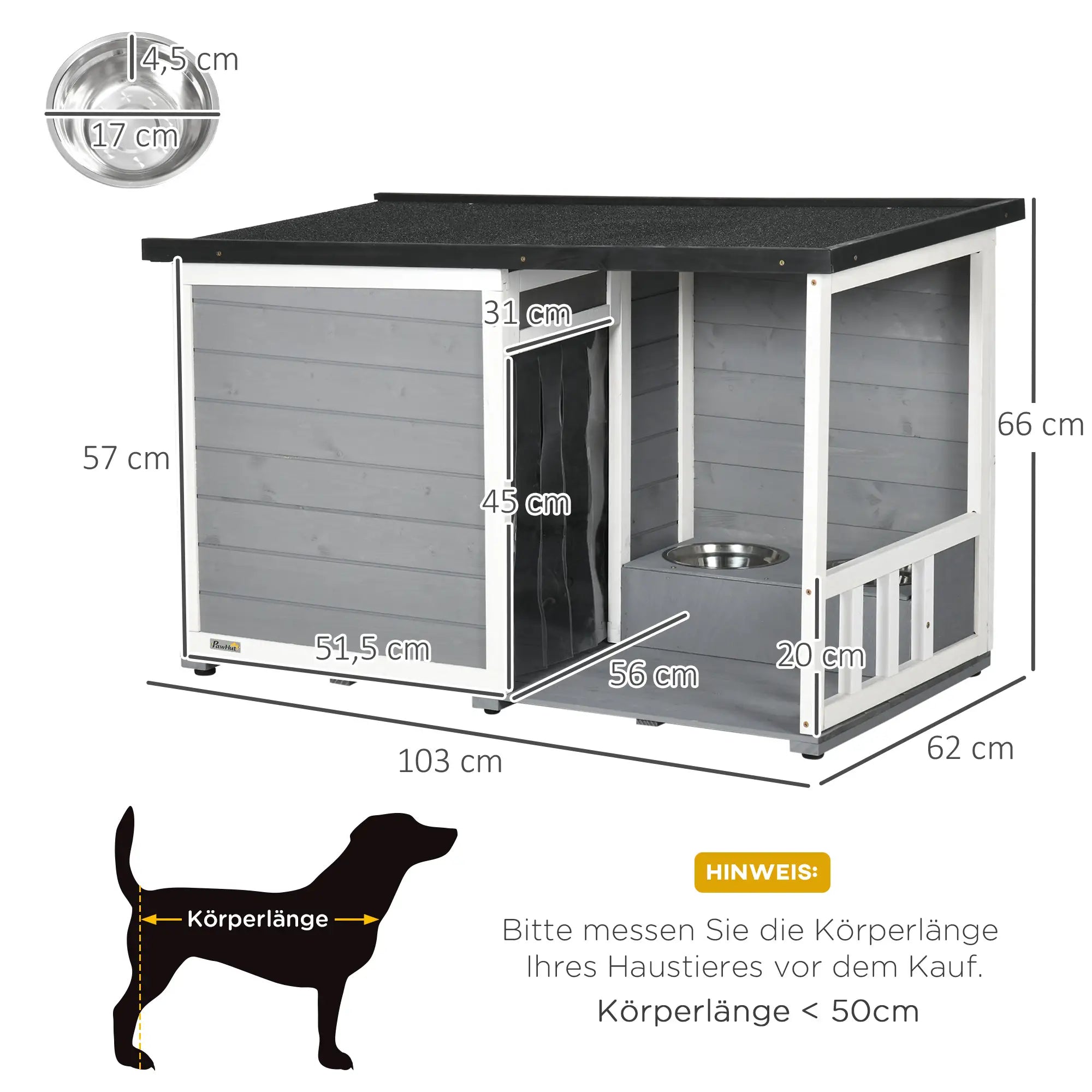 PawHut Hundehütte mit überdachter Veranda und Futternäpfen Outdoor