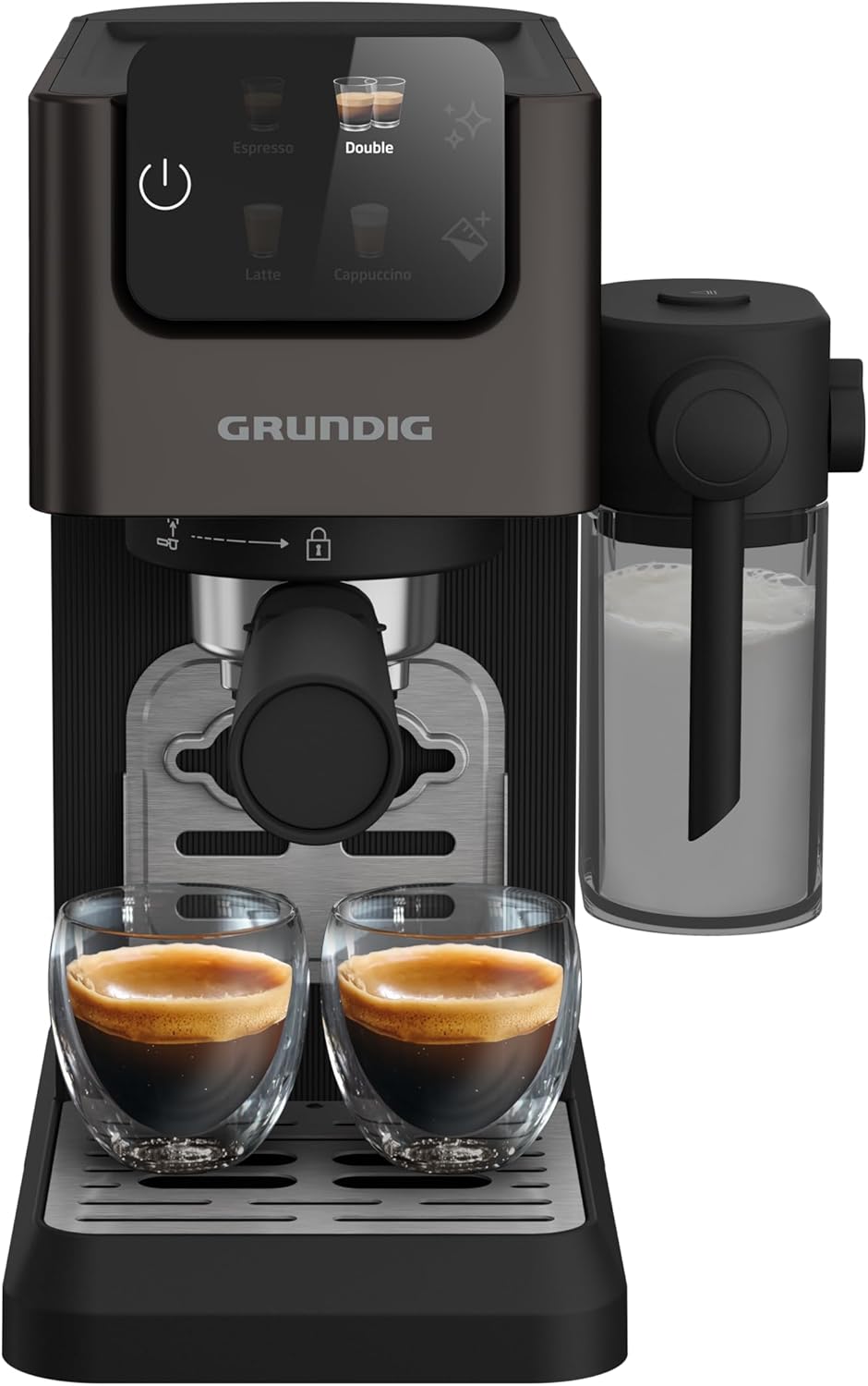 GRUNDIG KSM 5330 Siebträgermaschine mit integriertem Milchbehälter, 1628 W Leistung, 15 bar Pumpendruck, Zweifachdüse, farbiges Touch-Display, BrewSense, CreamyPro, Dark Inox/Schwarz