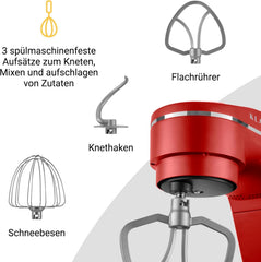 KLAMER Küchenmaschine 1800W, Knetmaschine Brotteig mit Edelstahl-Rührschüssel 6 L, 10 Stufen mit Timer, Planetenrührwerk, Rührbesen, Knethaken, Schneebesen & Sichtdeckel (schwarz)