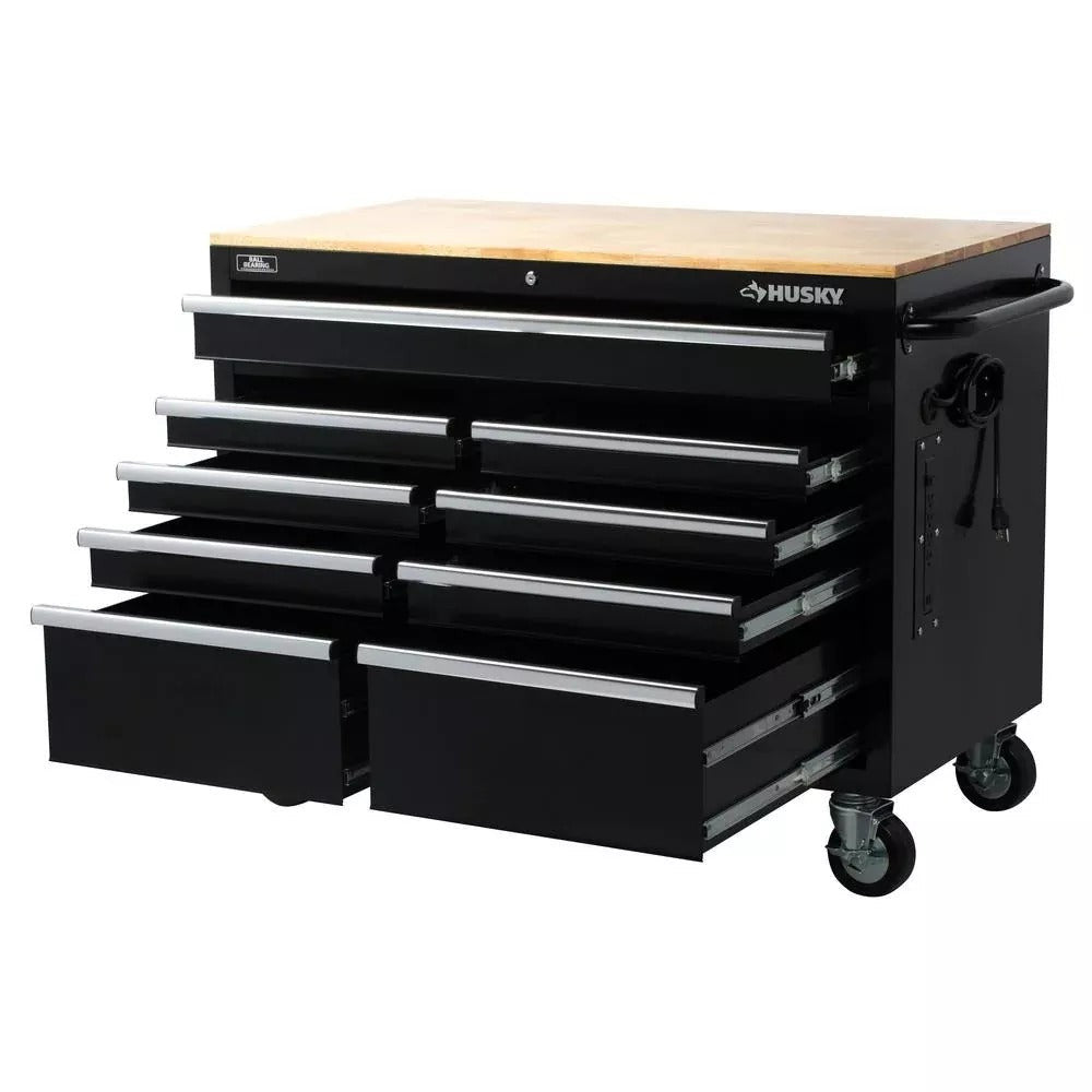 46 Zoll B x 24 Zoll T, tiefer Werkzeugkasten mit 9 Schubladen, glänzend schwarz, mobile Werkbank