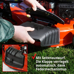 HECHT 5-IN-1 Benzin Rasenmäher – leistungsstarker 4 Takt Eco Motor 4,4 kW (6,0 PS) – Elektrostart – 53 cm Schnittbreite – 75 l Fangkorb – Radantrieb – patentierte Räder – Mulchmäher