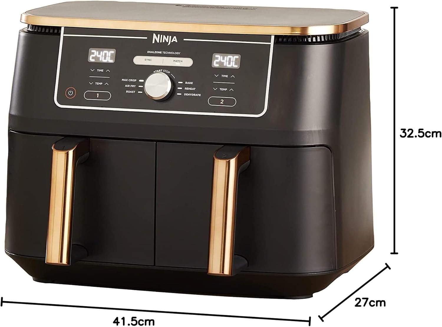 Ninja Heißluftfritteuse MAX PRO, 6,2 L, ölfrei, große Schublade, Rösten, Backen, Air Fry, Antihaftbeschichtet, Spülmaschinenfester Korb & Crisper Gittereinsatz, Silikonzange, Schwarz/Kupfer, AF180EUCP
