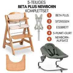 hauck Hochstuhl Beta+ Newborn Set Premium Dark Grey - Babyhochstuhl Set ab Geburt mit Neugeborenen Aufsatz Bouncer, Sitzpolster und Essbrett - Dark Grey