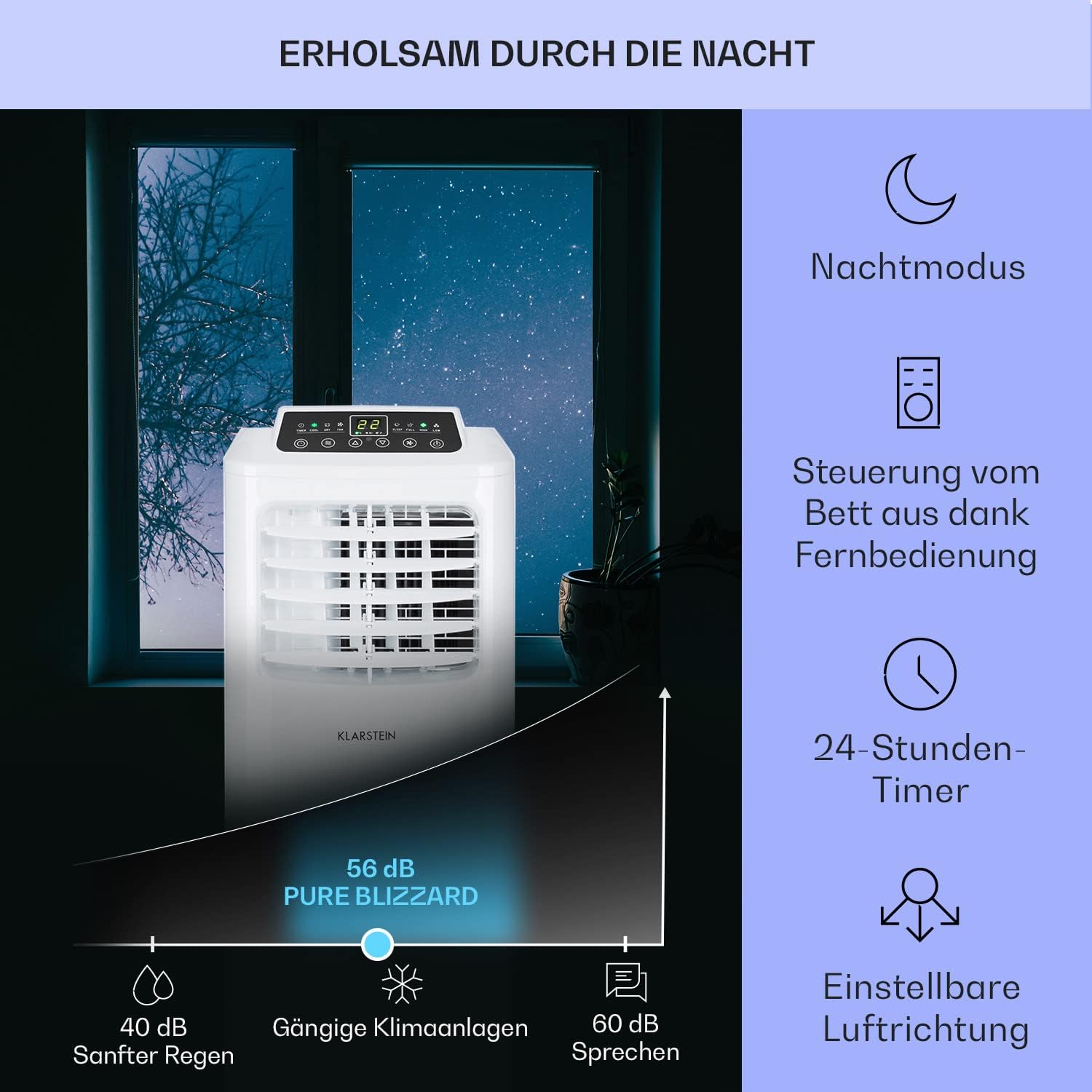 Klarstein Mobile Klimaanlage mit Abluftschlauch, 3-in-1 Klimagerät mit Ventilator & Luftentfeuchter, Kleine & Portable Klimaanlage für Wohnung & Büro, mit Nachtmodus & App-Steuerung, 7000 BTU