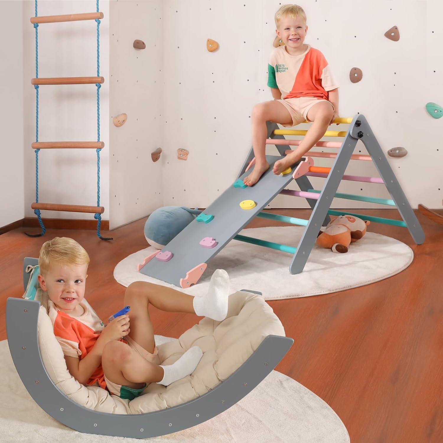Dreieck-Set mit Kissen, 5-in-1 Montessori-Kletterset, faltbar, Kletter-Indoor-Spielplatz-Set für Kleinkinder, Holz-Kletterspielzeug mit Rampe und Kletterbogen für Kinder (Holzfarbe)