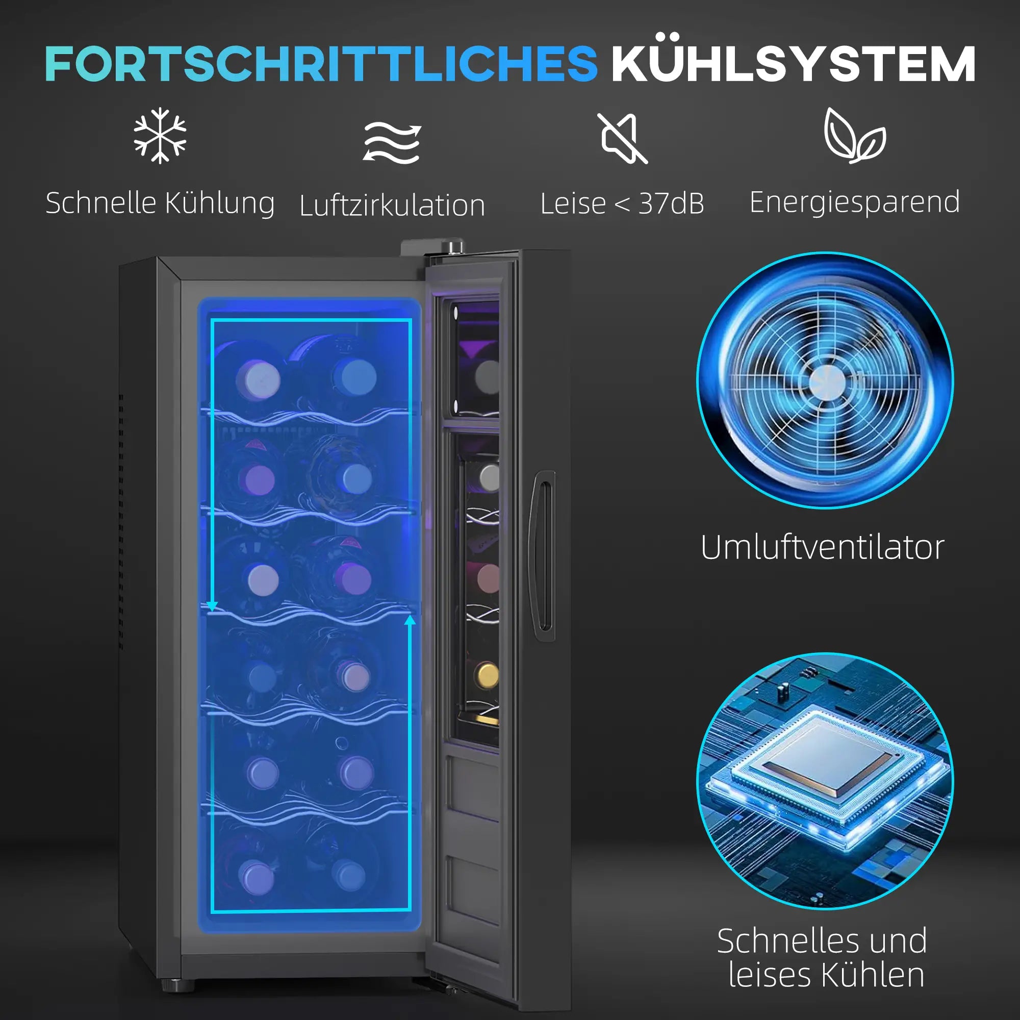 HOMCOM Weinkühlschrank 12 Flaschen 30 L Schwarz
