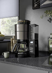 Melitta AromaFresh - Filterkaffeemaschine - mit Glaskanne - integriertes Mahlwerk - Timer Funktion - 10 Tassen - Pure Black