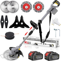 Akku Rasentrimmer mit Akku und Unkrautbürste, Rasentrimmer mit Akku mit 5 Klingentypen, 21 V Bürstenlose Freischneider Akku, mit 2 Akku 4.0Ah für Garden Trimmen (Grau)
