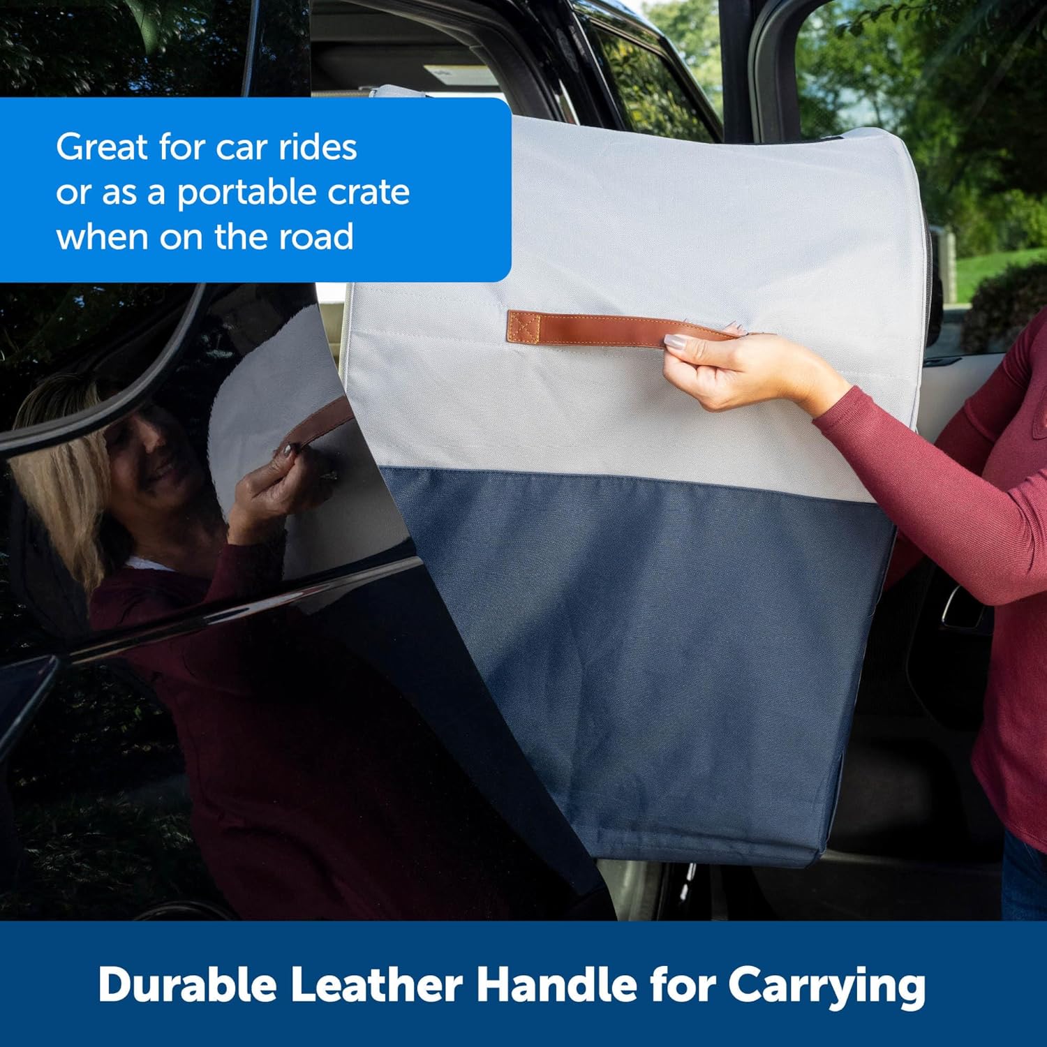 PetSafe Happy Ride Faltbare Transportbox, Hunde-Reisebox für die Autorückbank, Netztüren zur Belüftung, Blau/Grau