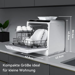 Hermitlux Mini Geschirrspüler, Spülmaschine für 4 Bestecksätze, 5 Liter Wassertank, 6 Programme Mini Tischgeschirrspüler, Perfekt für Wohnungen, Schlafsäle, Camping, Weiß