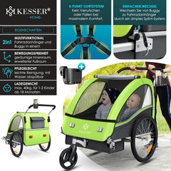 KESSER Kinderfahrradanhänger Sport-RX 2in1 Jogger & Buggy 5-Punkt-Gurt Sicherheitsgurt 360° Vorderrad Kinderfahrradanhänger Reflektoren für 1-2 Kinder (max. 40 kg) Getränkehalter & Smartphonefach