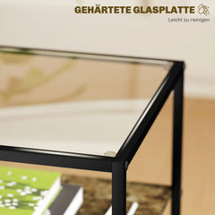 HOMCOM Beistelltisch 2er-Set dreistufig mit Glasplatte Rustikal-Braun