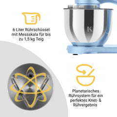 KLAMER Küchenmaschine 1800W, Knetmaschine Brotteig mit Edelstahl-Rührschüssel 6 L, 10 Stufen mit Timer, Planetenrührwerk, Rührbesen, Knethaken, Schneebesen & Sichtdeckel (schwarz)