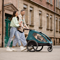 hauck Fahrradanhänger & Kinderwagen Dryk Duo Plus mit Federung, für 2 Kinder (6-48 Monate), inkl. Deichsel, Buggyrad, Fahne und LED Licht, Faltbar, Höhenverstellbar, XL Kofferaum (Dark Green)