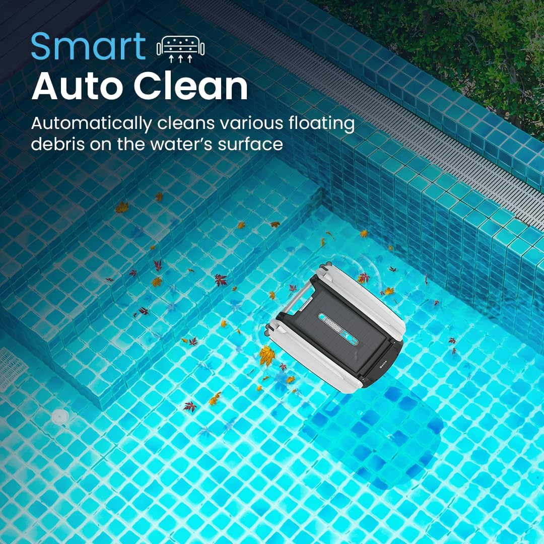 Solarbetriebener automatischer Roboter-Skimmer-Reiniger für Pools mit 30 Stunden kontinuierlicher Reinigungsleistung durch Akkubetrieb und überarbeiteten, salz- und chlortoleranten Twin-Motoren (weiß)