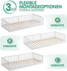 CADANI Timi 2in1 Bodenbett 140x200 cm Montessori Kinderbett mit abnehmbaren Rausfallschutz inkl. Lattenrost, Kiefer Massivholz, weiß - 3 Aufbauvarianten, bis 200 kg belastbar, umbaubar