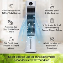 Klarstein Luftkühler mit Wasserkühlung, 5-in-1 Verdunstungskühler, Luftbefeuchter, Ventilator & Luftreiniger, Mobile Klimageräte Luftkühler mit App-Steuerung, 80W Air Cooler, 462m³/h Luftstrom, Weiß