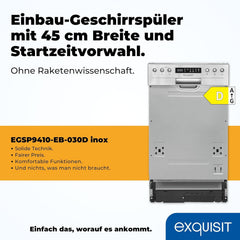 Exquisit Geschirrspüler, Spülmaschine, 45 cm Breite, Teilintegriert, 9 Maßgedecke, 9 Liter, Startzeitvorwahl, ECO-Modus, Geschirrspüler 45 cm, EGSP51009-EB-030E inox