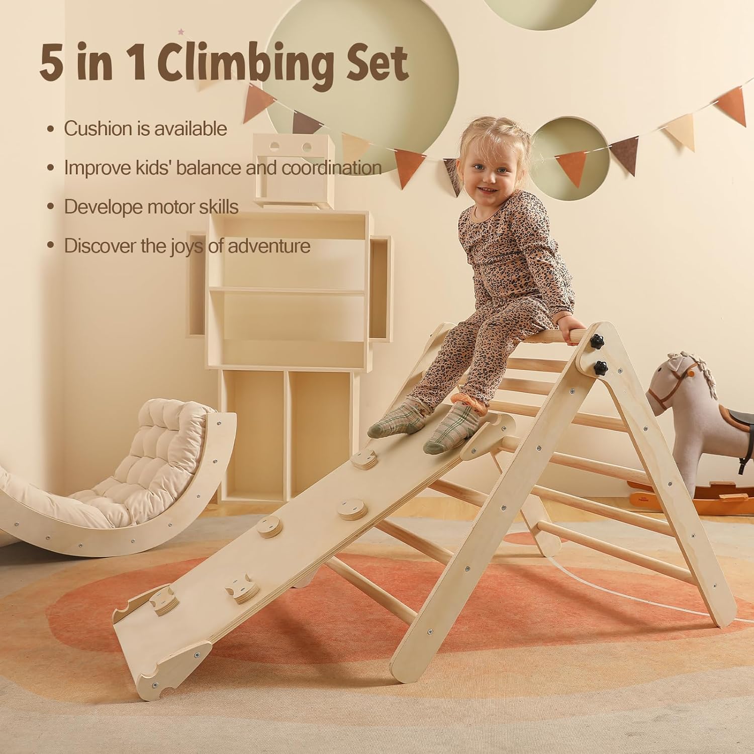 Dreieck-Set mit Kissen, 5-in-1 Montessori-Kletterset, faltbar, Kletter-Indoor-Spielplatz-Set für Kleinkinder, Holz-Kletterspielzeug mit Rampe und Kletterbogen für Kinder (Holzfarbe)