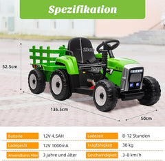 HAUSPROFI 12V 3-Gang Kinder Elektroauto mit Anhänger, Elektro Traktor 2 Fahrmodi, 2,4G-Fernbedienung, Kinder Traktor LED-Licht, Bluetooth, Musik, USB, Elektrischer Traktor für kinder ab 3 Jahren, Grün