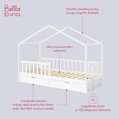 Bellabino Kinderbett Bia 140x200 cm, Hausbett Kinder inkl. Rausfallschutz und Rolllattenrost, Montessori Bodenbett weiß aus Massivholz Kiefer
