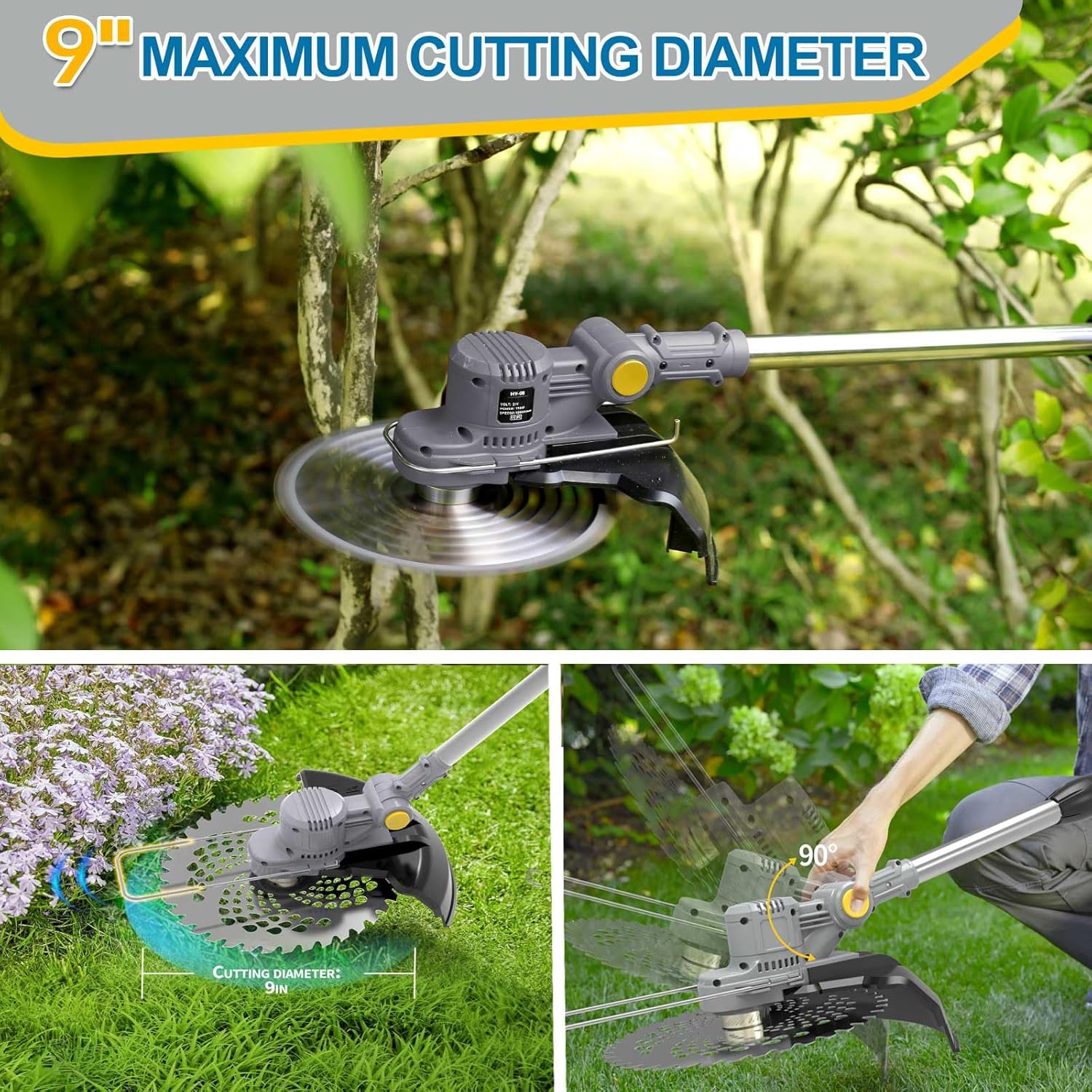 Akku Rasentrimmer mit Akku und Unkrautbürste, Rasentrimmer mit Akku mit 5 Klingentypen, 21 V Bürstenlose Freischneider Akku, mit 2 Akku 4.0Ah für Garden Trimmen (Grau)