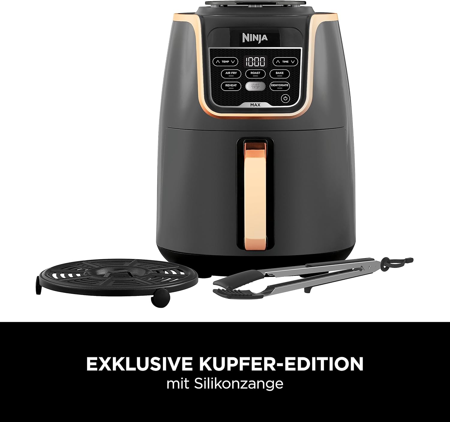 Ninja Heißluftfritteuse MAX PRO, 6,2 L, ölfrei, große Schublade, Rösten, Backen, Air Fry, Antihaftbeschichtet, Spülmaschinenfester Korb & Crisper Gittereinsatz, Silikonzange, Schwarz/Kupfer, AF180EUCP