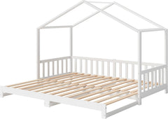Bellabino Kinderbett Bia 140x200 cm, Hausbett Kinder inkl. Rausfallschutz und Rolllattenrost, Montessori Bodenbett weiß aus Massivholz Kiefer