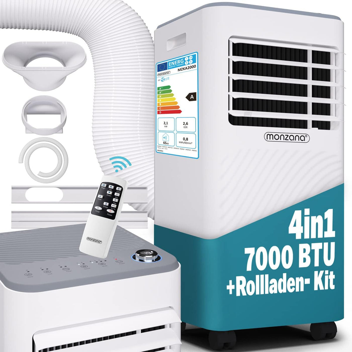 Monzana lokale Klimaanlage MZKA2000 Mobil Abluftschlauch 7000BTU 3in1 750W 24h Timer 25qm Fernbedienung Luftentfeuchter Rollladenkit Klimagerät