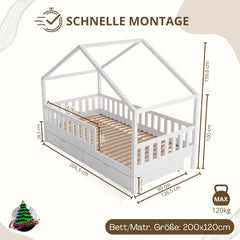 Crazy Pine Hausbett mit Schubladen 200x90 cm – Kinderbett aus Naturholz mit Rausfallschutz – Montessori Bodenbett mit zusätzlichen Stauraum und und Abnehmbarer Barriere - Crazy House