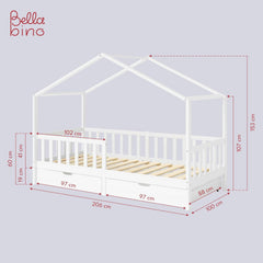 Bellabino Kinderbett Bia 140x200 cm, Hausbett Kinder inkl. Rausfallschutz und Rolllattenrost, Montessori Bodenbett weiß aus Massivholz Kiefer