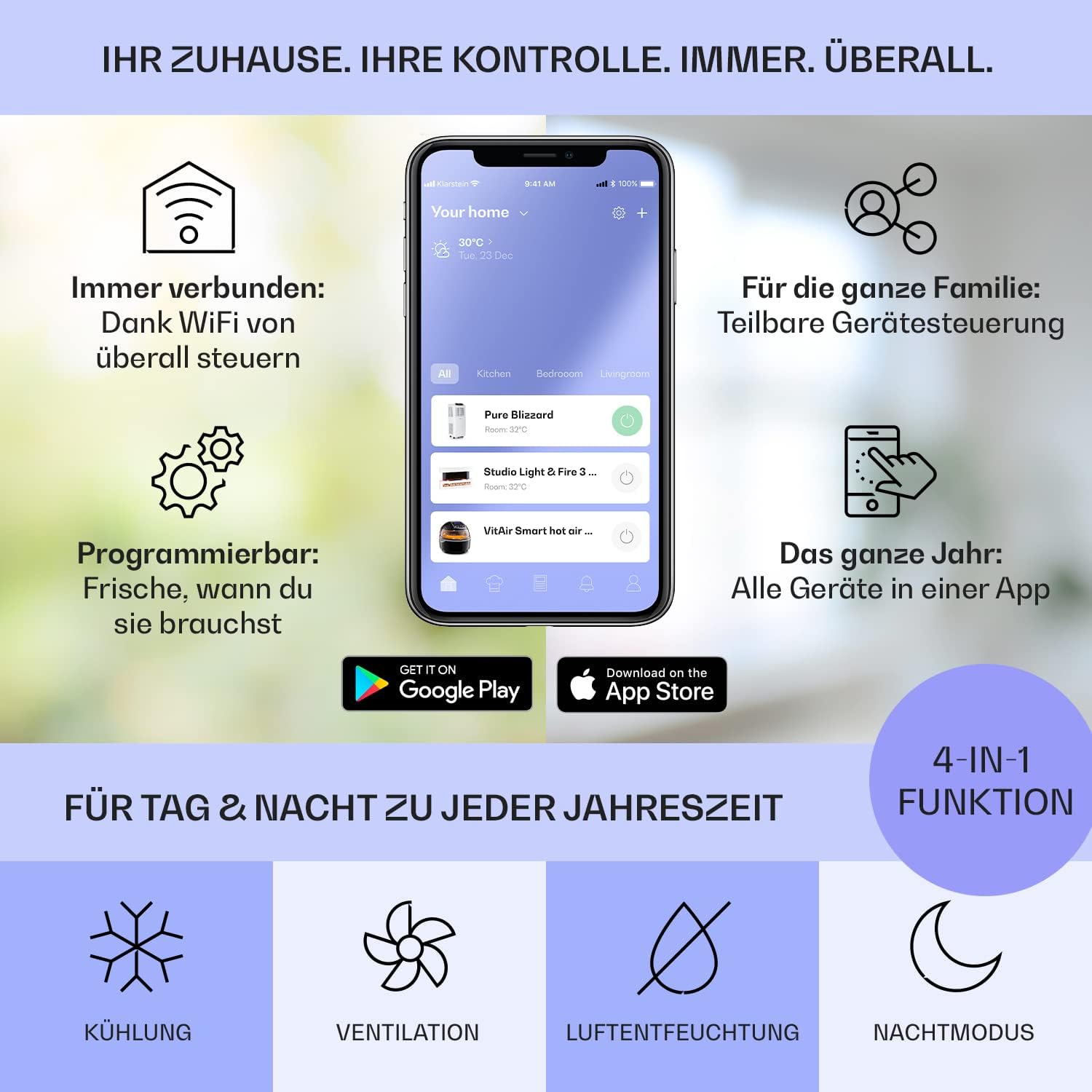 Klarstein Mobile Klimaanlage mit Abluftschlauch, 3-in-1 Klimagerät mit Ventilator & Luftentfeuchter, Kleine & Portable Klimaanlage für Wohnung & Büro, mit Nachtmodus & App-Steuerung, 7000 BTU