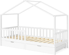 Bellabino Kinderbett Bia 140x200 cm, Hausbett Kinder inkl. Rausfallschutz und Rolllattenrost, Montessori Bodenbett weiß aus Massivholz Kiefer