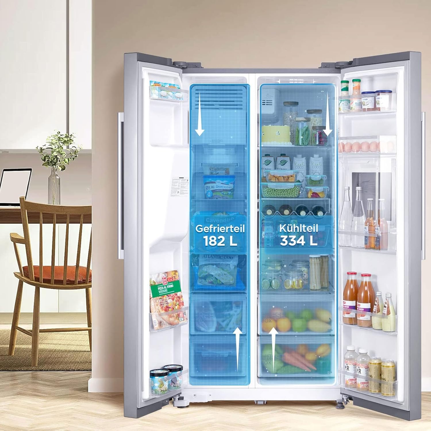 Midea KS-DDX 6.32 WT Side-by-Side Kühl-/Gefrierkombination/ 178,8 cm Hhe/ 254 kWh/Jahr/No Frost/Dual Inverter Compressor/mit 3in1 Wasser-/Eisspender und Wassertank, Dark Inox