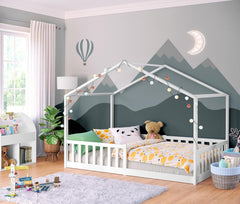 Bellabino Kinderbett Bia 140x200 cm, Hausbett Kinder inkl. Rausfallschutz und Rolllattenrost, Montessori Bodenbett weiß aus Massivholz Kiefer