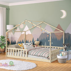 Bellabino Kinderbett Bia 140x200 cm, Hausbett Kinder inkl. Rausfallschutz und Rolllattenrost, Montessori Bodenbett weiß aus Massivholz Kiefer