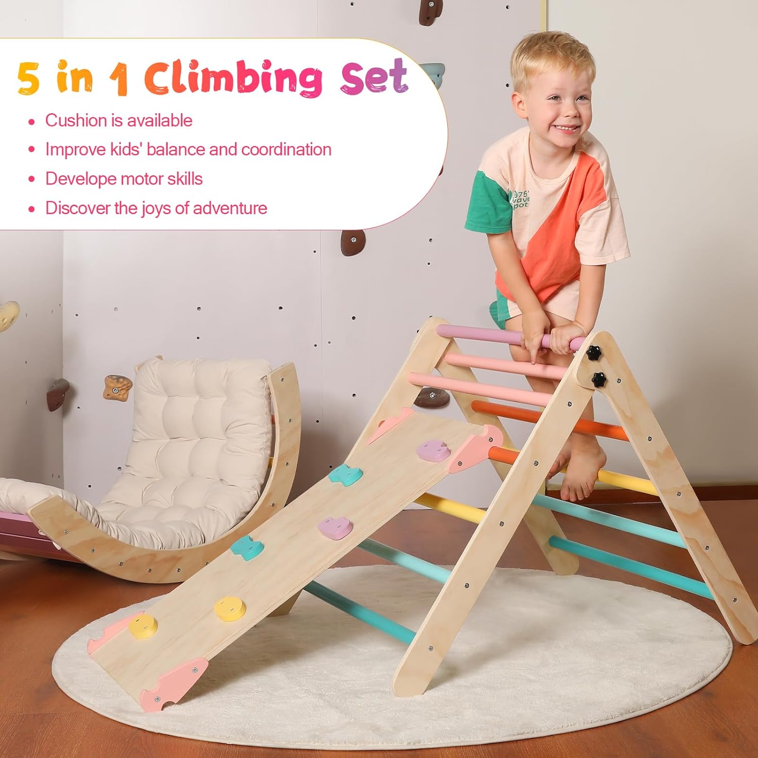 Dreieck-Set mit Kissen, 5-in-1 Montessori-Kletterset, faltbar, Kletter-Indoor-Spielplatz-Set für Kleinkinder, Holz-Kletterspielzeug mit Rampe und Kletterbogen für Kinder (Holzfarbe)