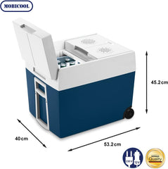 Mobicool MT48W AC/DC - elektrische Kühlbox mit Rollen passend für eine komplette Getrnkekiste / Bierkiste, 48 Liter, 12 V und 230 V für Auto, Lkw, Boot, Reisemobil und Steckdose, Blau
