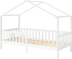 Bellabino Kinderbett Bia 140x200 cm, Hausbett Kinder inkl. Rausfallschutz und Rolllattenrost, Montessori Bodenbett weiß aus Massivholz Kiefer