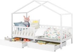 Bellabino Kinderbett Bia 140x200 cm, Hausbett Kinder inkl. Rausfallschutz und Rolllattenrost, Montessori Bodenbett weiß aus Massivholz Kiefer
