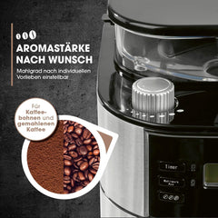 Barista Filterkaffeemaschine mit verstellbarem Mahlwerk & Thermokanne | Warmhaltefunktion, 24h Timer & Permanentfilter | Für 10 Tassen Kaffee | Kaffeemaschine für Bohnen & Pulver [Edelstahl]