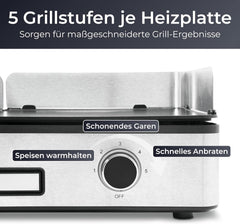 KLAMER Elektrogrill, antihaftbeschichtete und abnehmbare Duo-Platten, separate Temperatureinstellung, 5 Grillstufen, mit Wind-/ Spritzschutz & Auffangschale