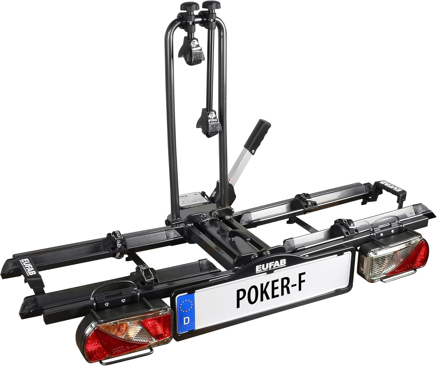 EUFAB 12010LAS Fahrradträger POKER-F, E-Bike geeignet, komplett vormontiert, Diebstahlschutz, für 2 Fahrräder, für Anhängerkupplung, Schwarz, 142 x 70 x 58 cm