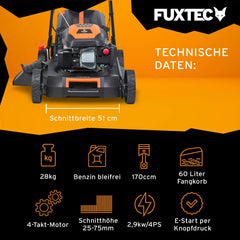 FUXTEC 4in1 Benzin Rasenmäher FX-RM5196eSPRO mit E-Start und regulierbarem Selbstantrieb, Gartenmäher inkl. Frontstoßstange, 51 cm Schnittbreite, kugelgelagerte Big Wheel Räder, 60L Grasfangkorb