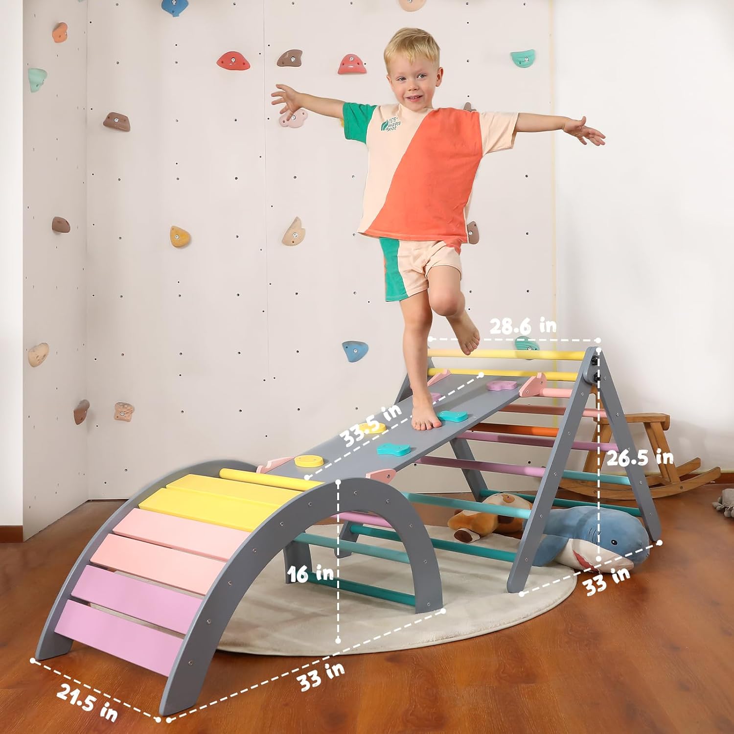 Dreieck-Set mit Kissen, 5-in-1 Montessori-Kletterset, faltbar, Kletter-Indoor-Spielplatz-Set für Kleinkinder, Holz-Kletterspielzeug mit Rampe und Kletterbogen für Kinder (Holzfarbe)