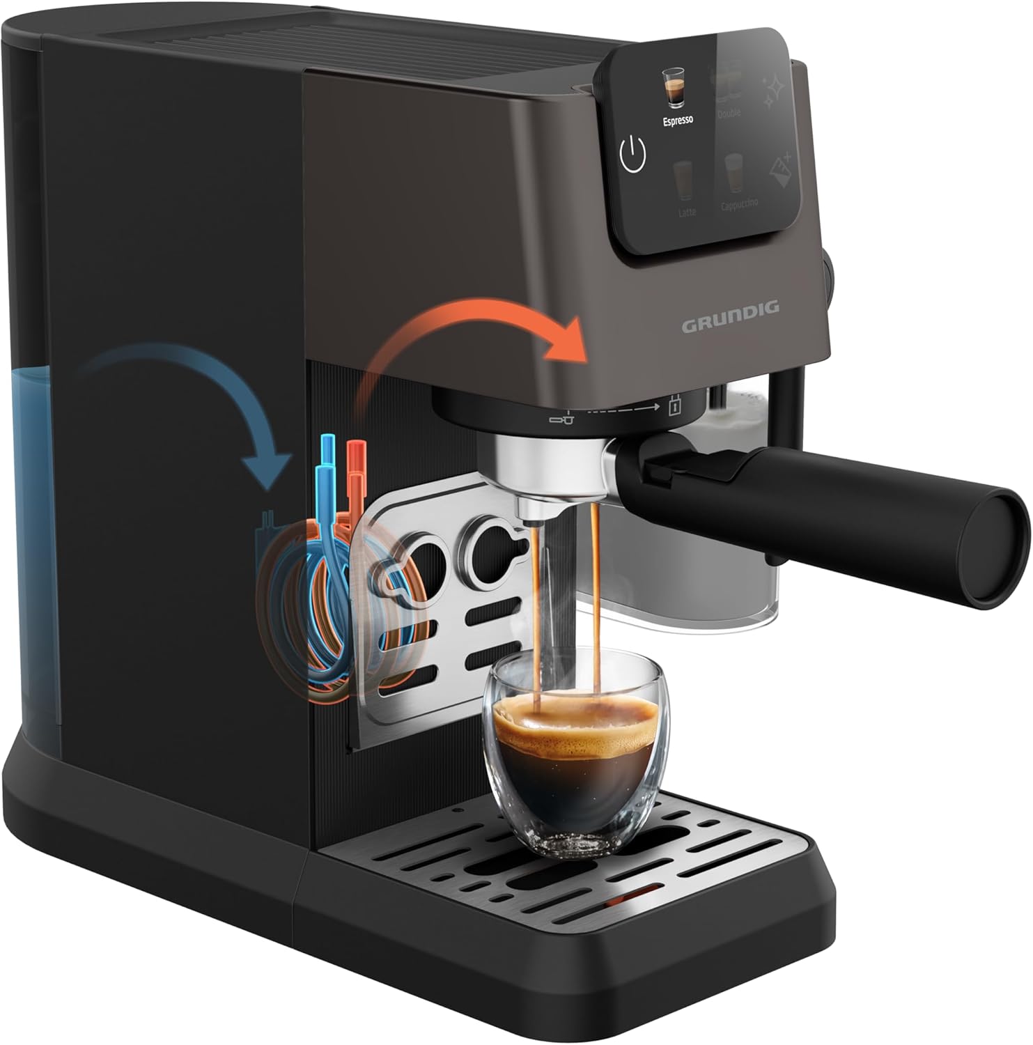 GRUNDIG KSM 5330 Siebträgermaschine mit integriertem Milchbehälter, 1628 W Leistung, 15 bar Pumpendruck, Zweifachdüse, farbiges Touch-Display, BrewSense, CreamyPro, Dark Inox/Schwarz