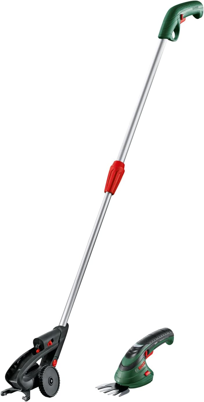 Bosch Akku Grasscheren Set Isio (3,6 Volt, Messerlnge 12 cm, Messerabstand 8 mm, mit XL-Gartenhandschuhen inklusive, in Softcase) – Amazon Edition